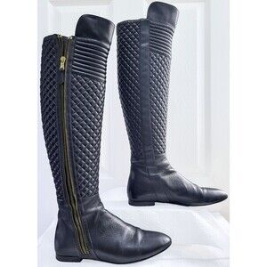 Brian Atwood Ares Black Quilted Leather Over The Knee Moto Boots Sz 37 Y2K Italy